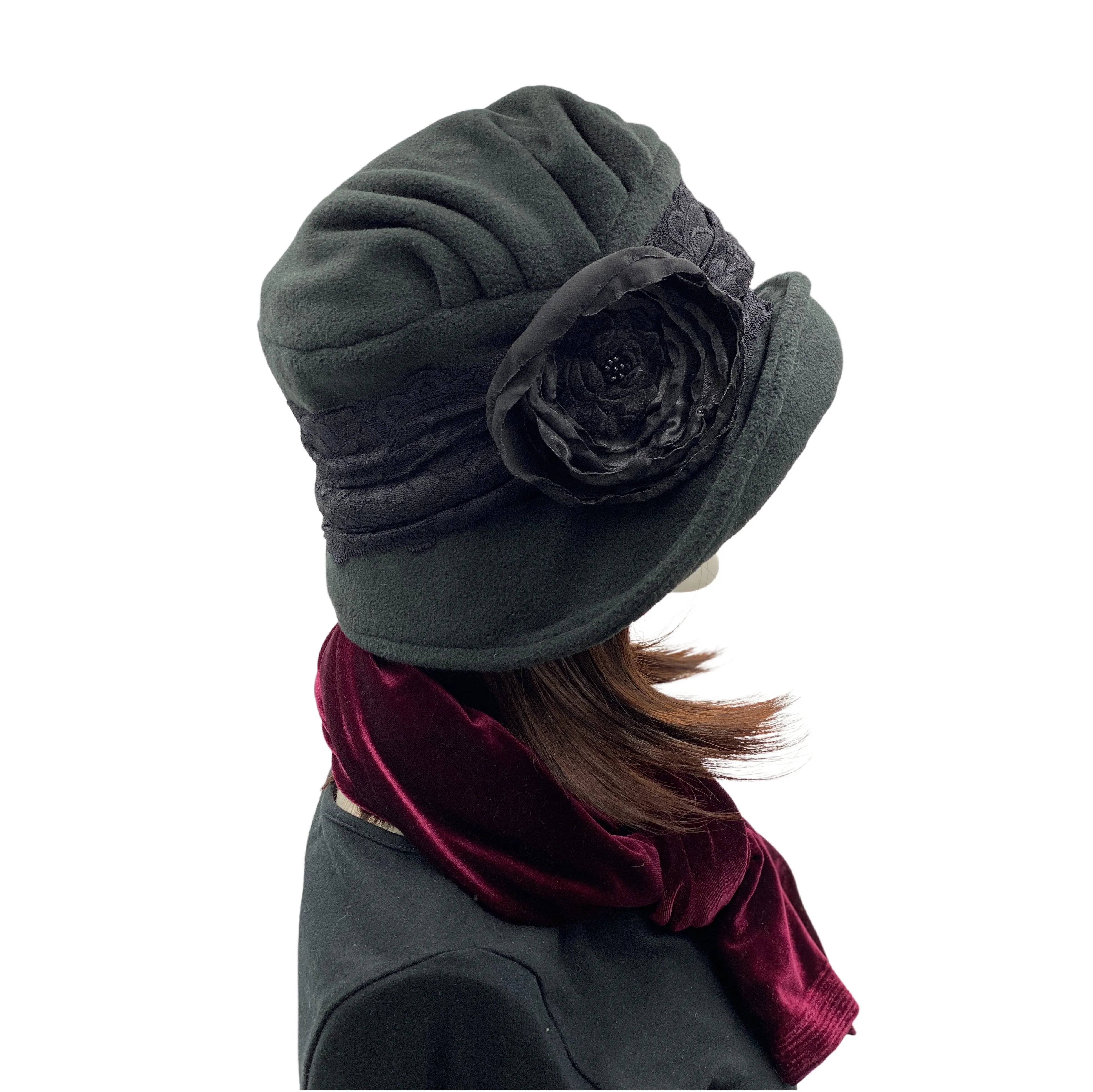 20s Fleece Hat with lace Band and Flower Detail | The Alice Cloche