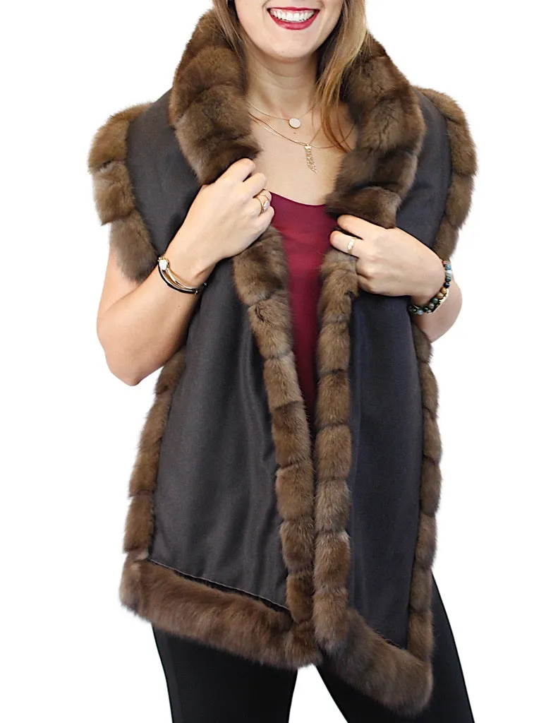 BROWN RUSSIAN SABLE FUR & CASHMERE STOLE - WIDE, DIAGONAL, REVERSIBLE DESIGN!