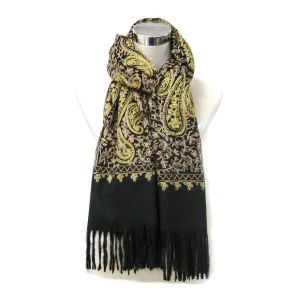 Cashmere Gold Embroidery Paisley Pattern Scarf - Black