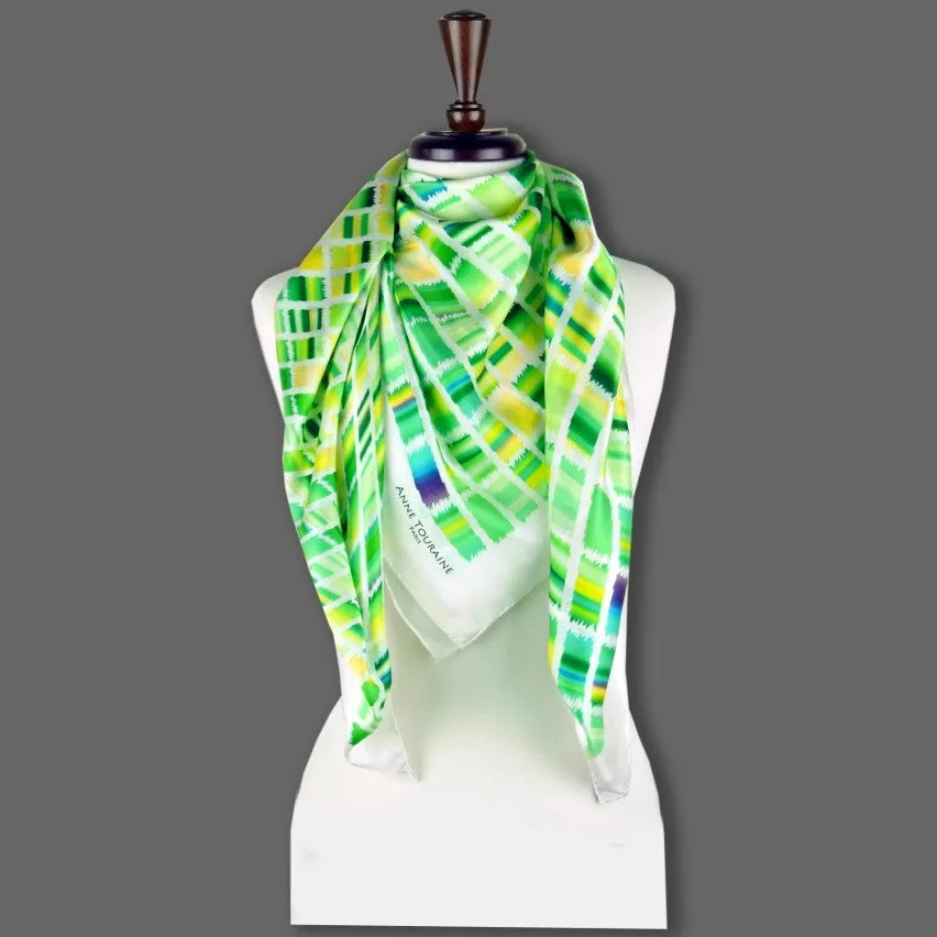 LARGE SILK SATIN SCARF - ETHNIC - Green & Yellow - 47x47"