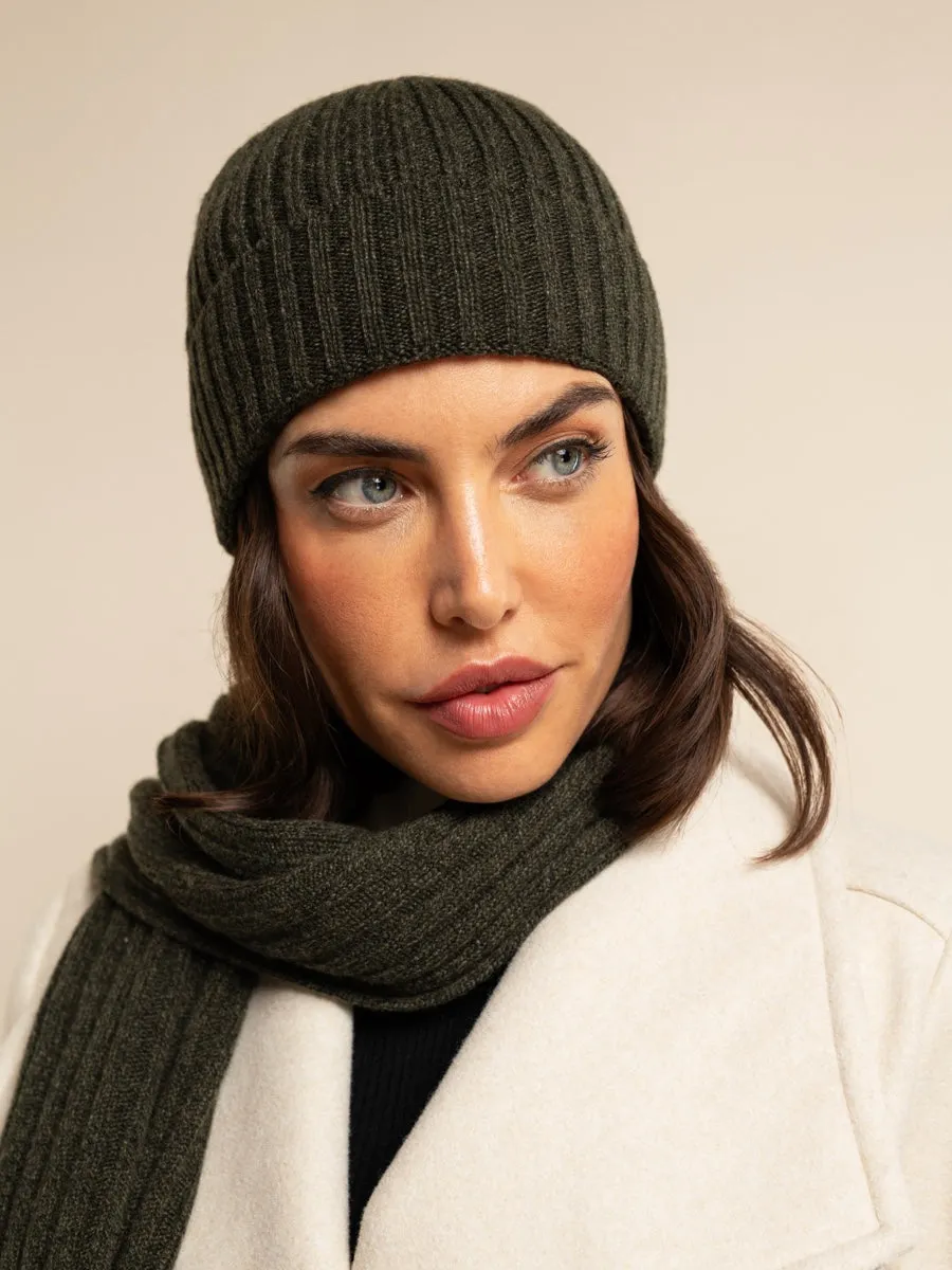 Milano (dark green) - 100% cashmere ribbed beanie (unisex)