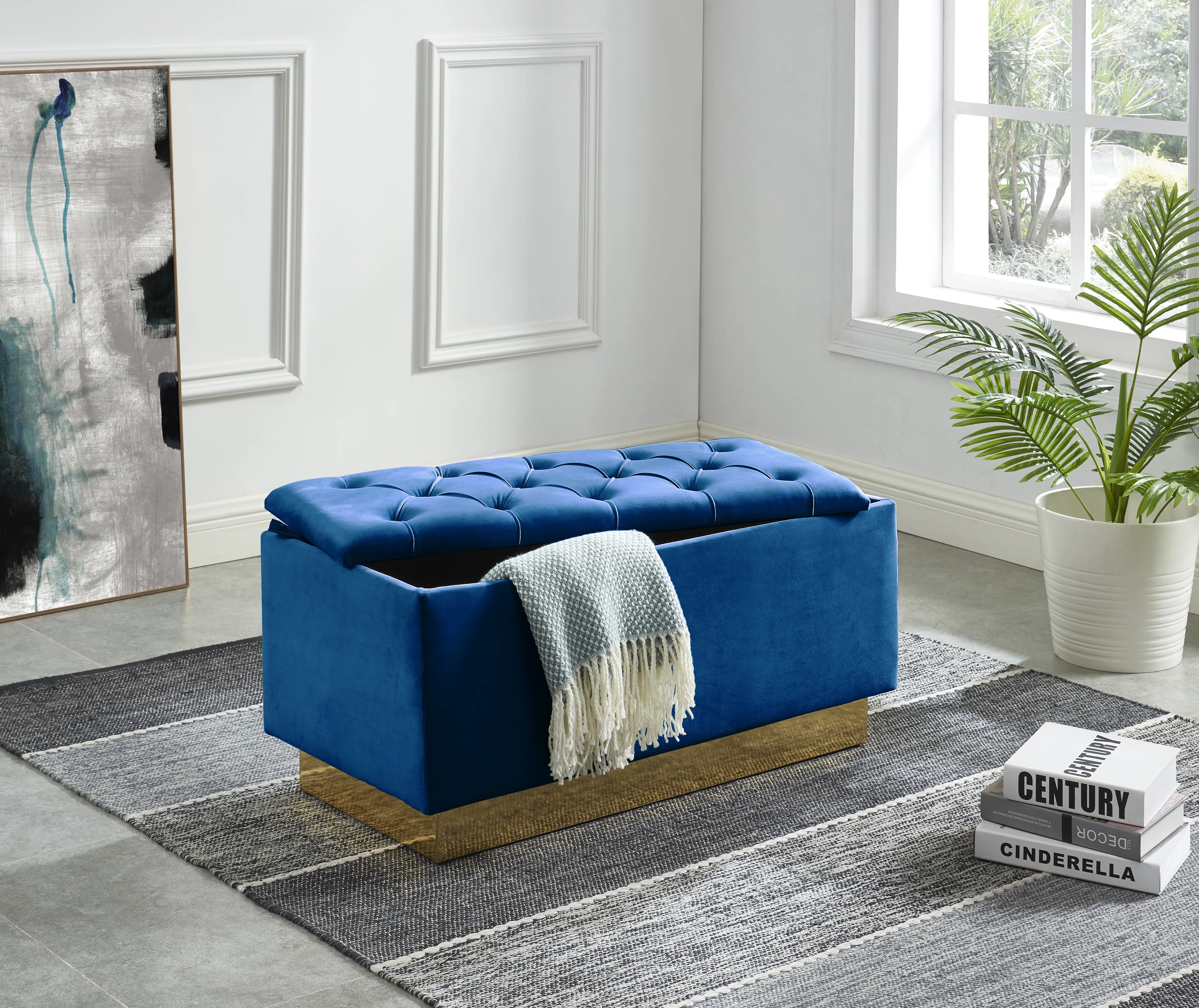 Navy Blue Velvet Tufted Storage Ottoman With Golden Base