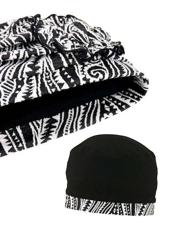 Pleated Winter Hat Fleece Lined Black Swirl