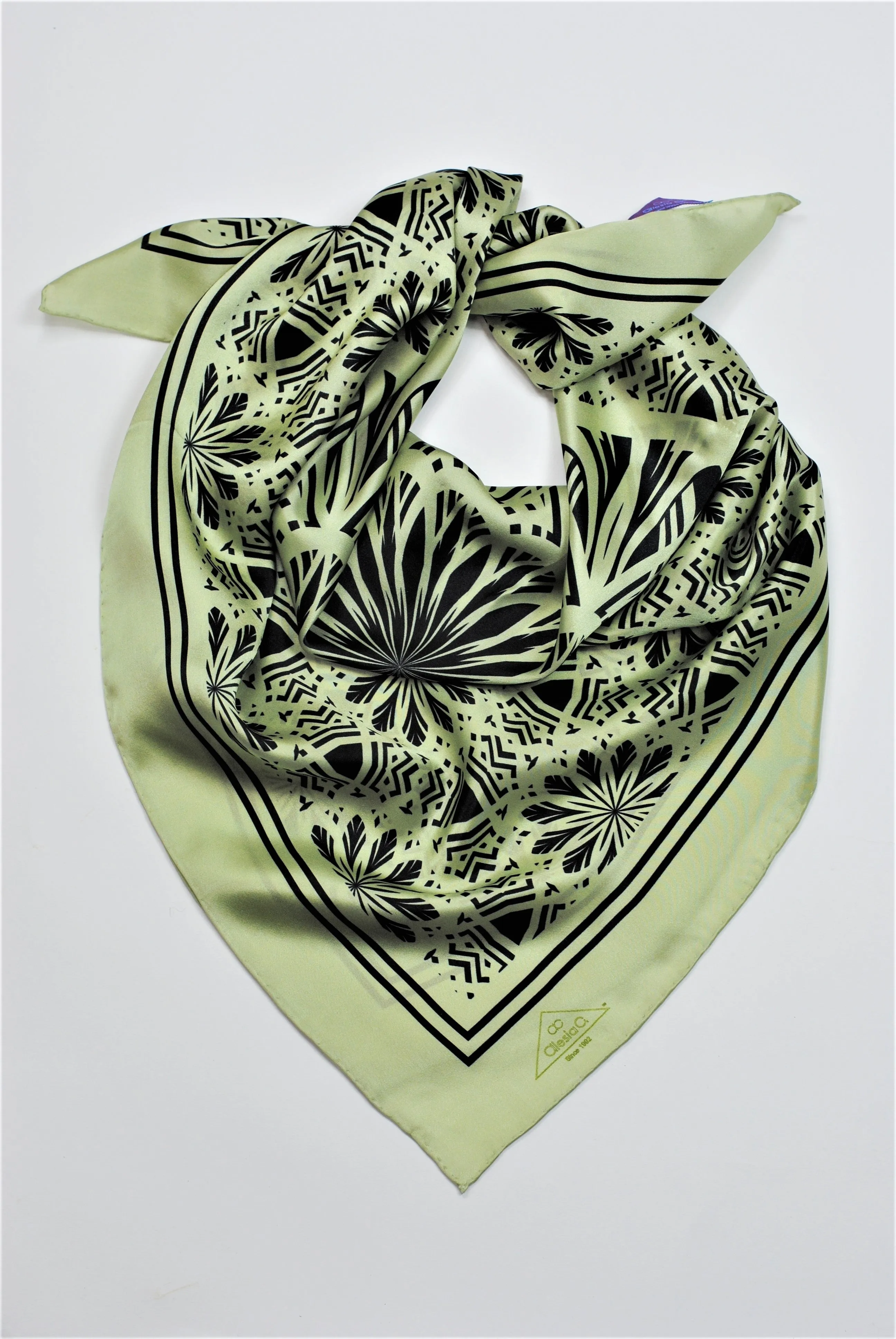 SERENITY Mandala Designer 100% Silk Scarf in Sage Green Black