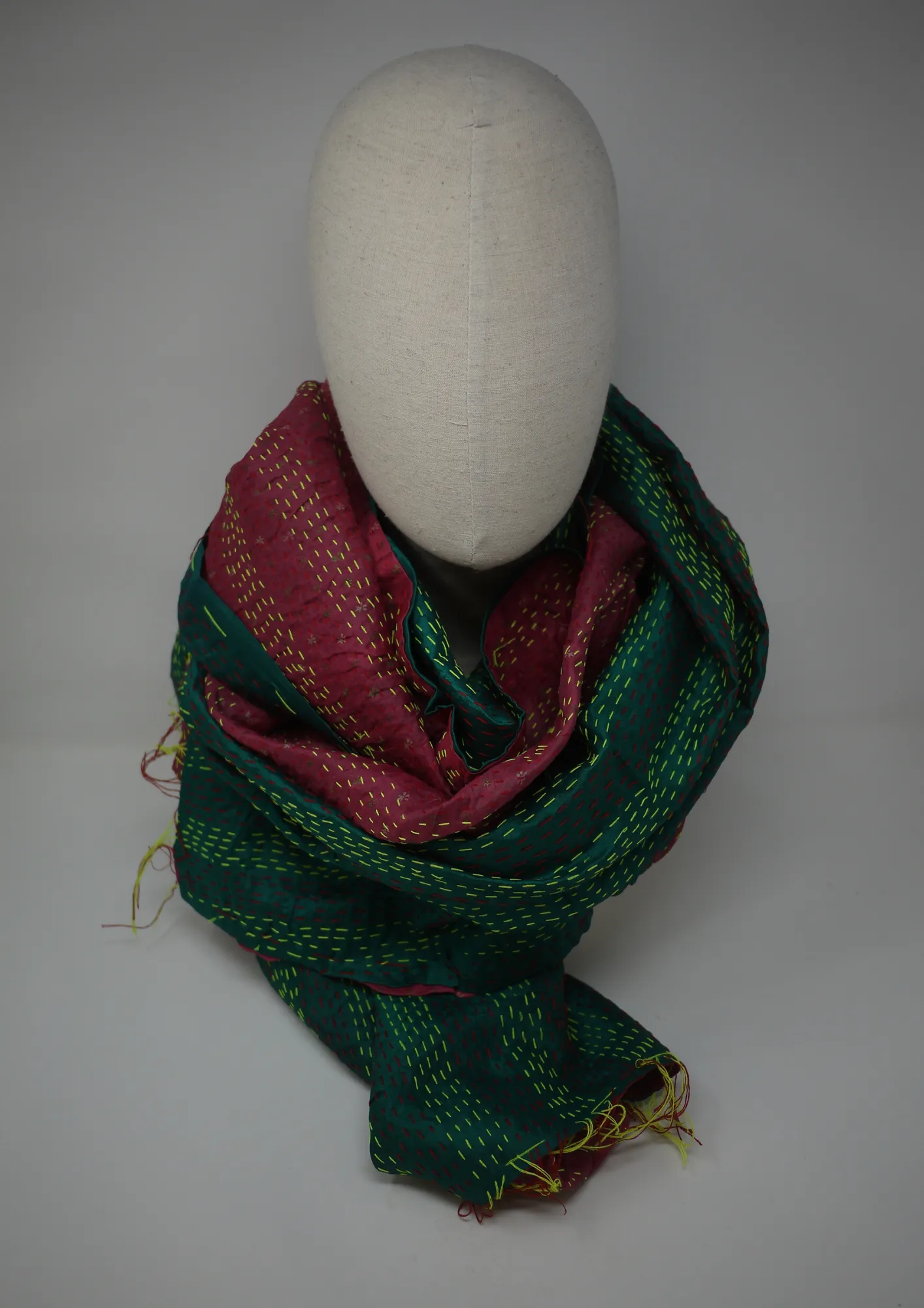 Silk kantha scarf- pink and green