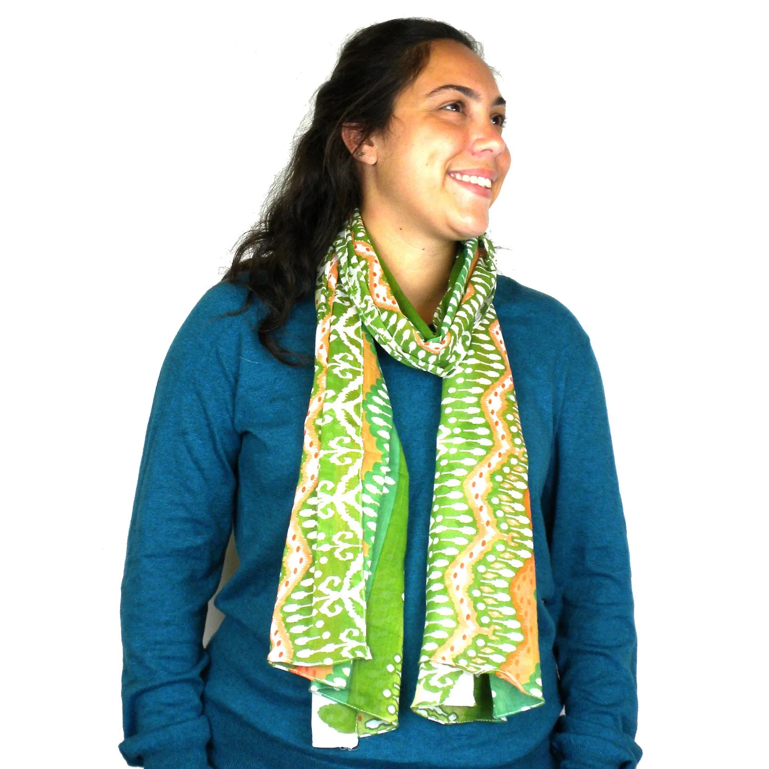 White,Peach and Green Ikat Cotton Scarf Asha Handicrafts