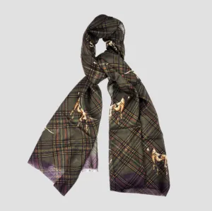 Wool Silk Plaid & Pointer Scarf in Green, Ochre & Purple